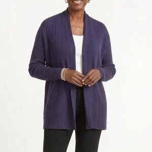 Eileen Fisher Open Drapy Cardigan. Purple. Contrasting Ribbing. Elegant. Medium